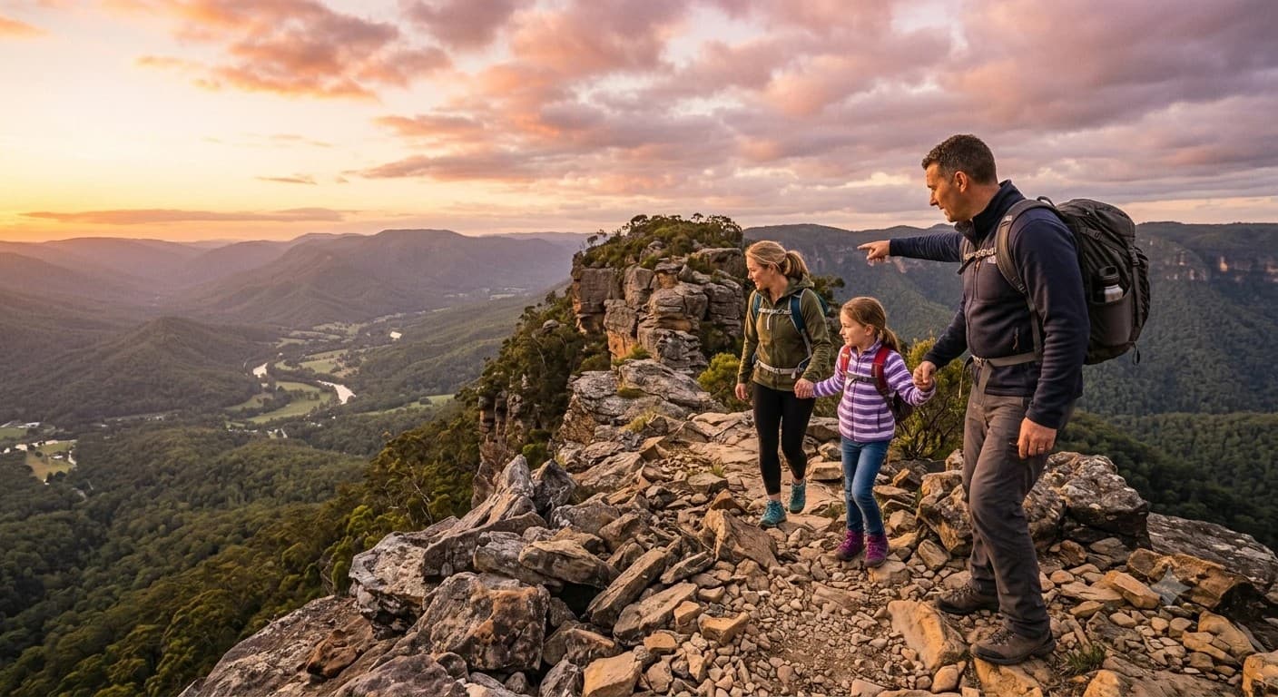 A family of three sitting together on a mountain overlook at golden hour