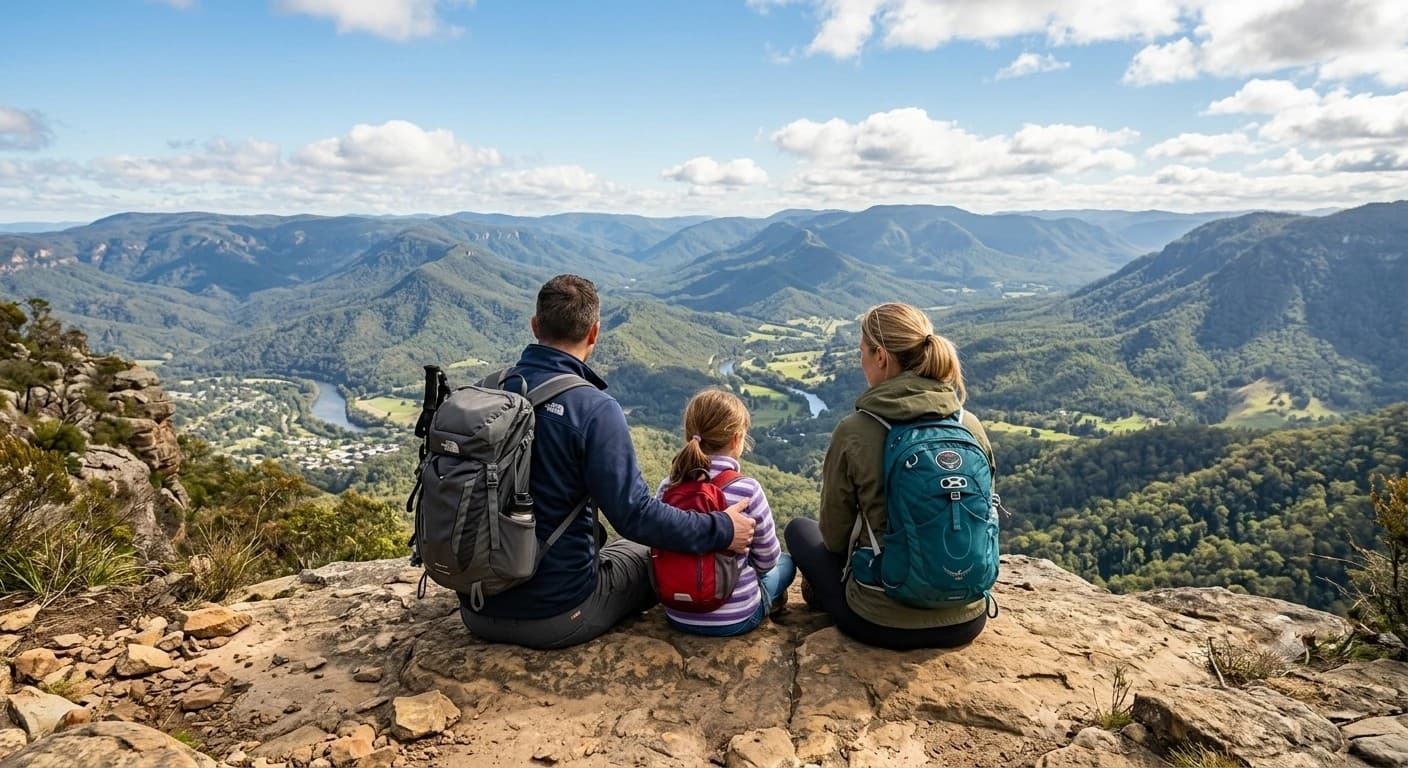 A family of three sitting together on a mountain overlook, looking out at a forested valley
