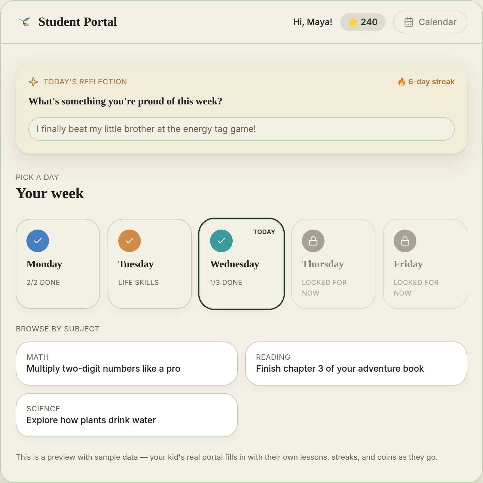 The Roots & Wings Student Portal, showing a weekday picker, a gratitude reflection prompt, and today's lessons by subject